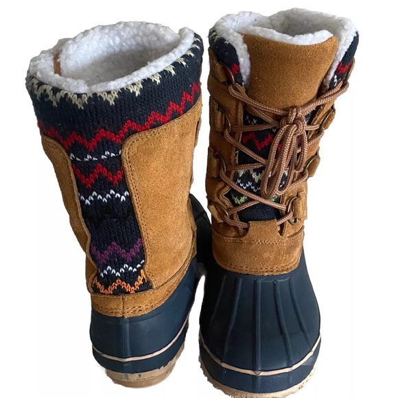 KHOMBU KRISTIE Brown Suede Sherpa Lined Nordic Knit Snow Duck Boots Size 8 - Picture 7 of 13